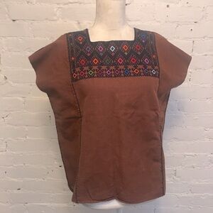 Traditional Mexican embroidered huipil top brown size m